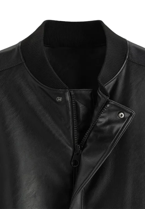 mens-high-collar-black-faux-leather-bomber-jacket