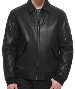 mens-laydown-collar-black-faux-leather-bomber-jacket