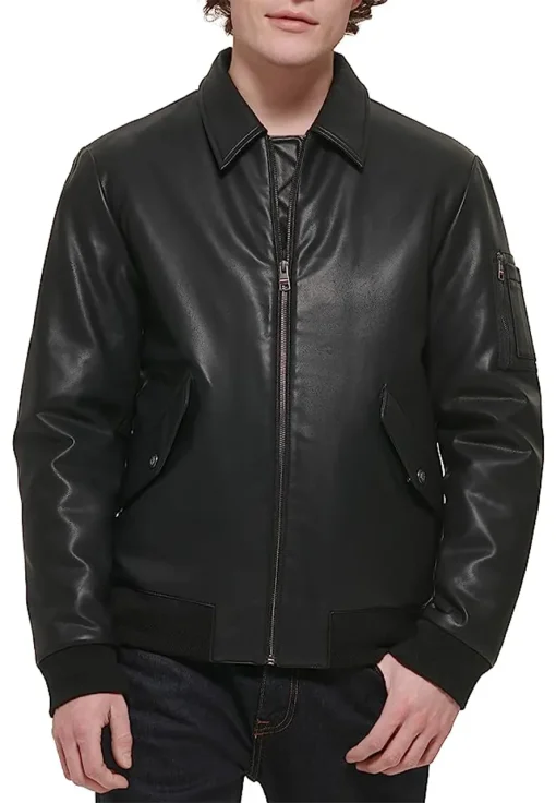 mens-laydown-collar-black-faux-leather-bomber-jacket