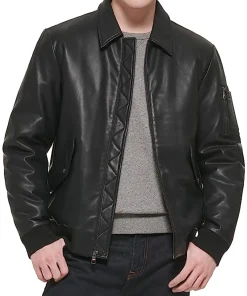 mens-laydown-collar-black-faux-leather-bomber-jacket