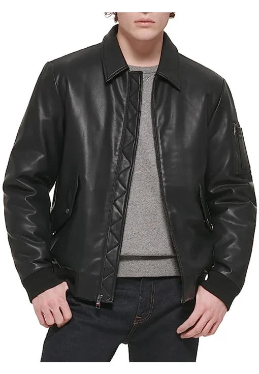 mens-laydown-collar-black-faux-leather-bomber-jacket