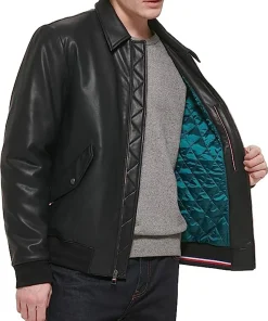 mens-laydown-collar-black-faux-leather-bomber-jacket