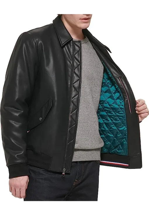 mens-laydown-collar-black-faux-leather-bomber-jacket