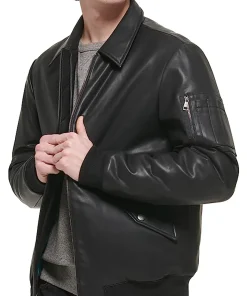 mens-laydown-collar-black-faux-leather-bomber-jacket