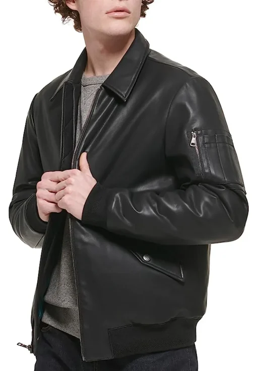 mens-laydown-collar-black-faux-leather-bomber-jacket