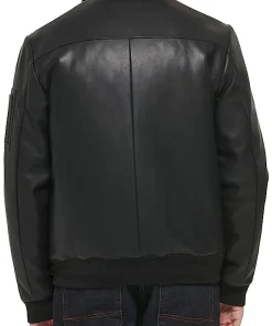 mens-laydown-collar-black-faux-leather-bomber-jacket