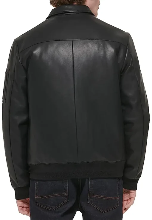 mens-laydown-collar-black-faux-leather-bomber-jacket