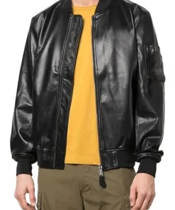 mens-long-sleeve-black-faux-leather-bomber-jacket