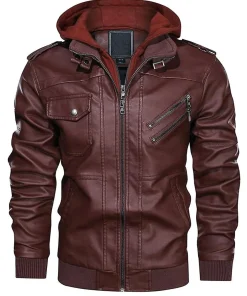 mens-maroon-faux-leather-hooded-bomber-jacket