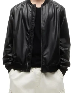 mens-rib-knit-collar-black-faux-leather-bomber-jacket