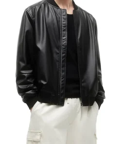 mens-rib-knit-collar-black-faux-leather-bomber-jacket