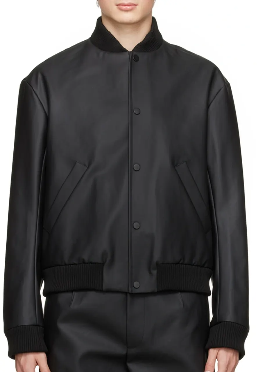 mens-rib-trim-black-faux-leather-bomber-jacket- mens-rib-trim-black-faux-leather-bomber-jacket