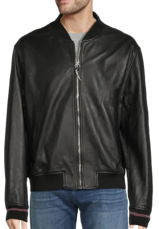 mens-ribbed-neck-black-faux-leather-bomber-jacket