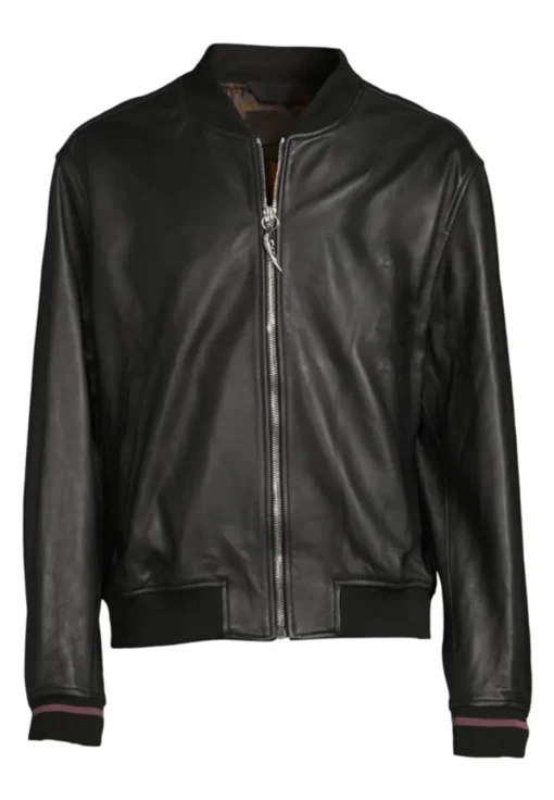 mens-ribbed-neck-black-faux-leather-bomber-jacket