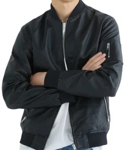 mens-simple-black-faux-leather-bomber-jacket