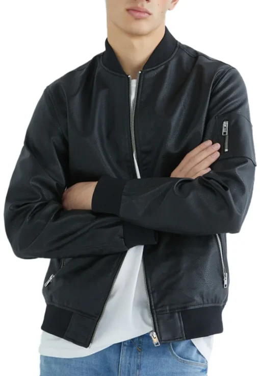 mens-simple-black-faux-leather-bomber-jacket