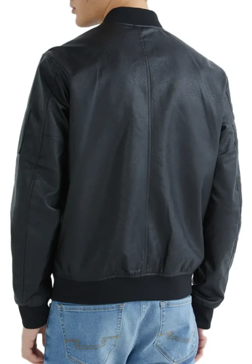 mens-simple-black-faux-leather-bomber-jacket