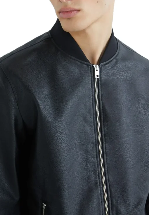 mens-simple-black-faux-leather-bomber-jacket