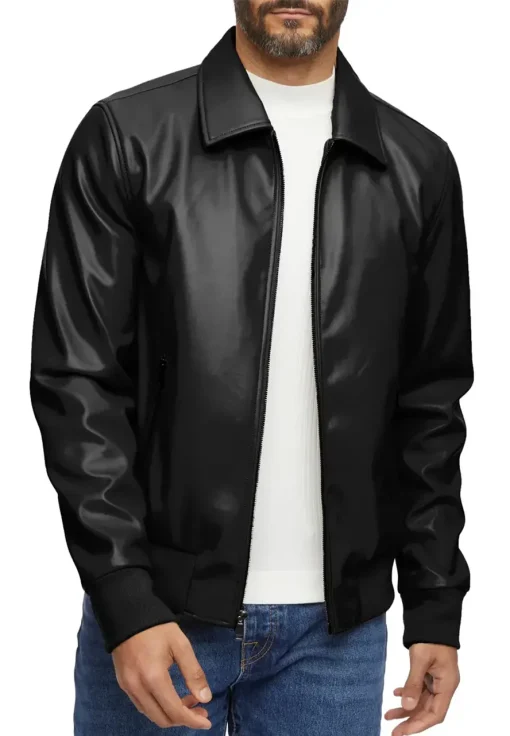 mens-smooth-black-faux-leather-bomber-jacket