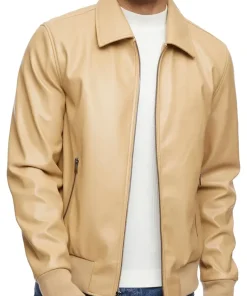 mens-smooth-camel-faux-leather-bomber-jacket