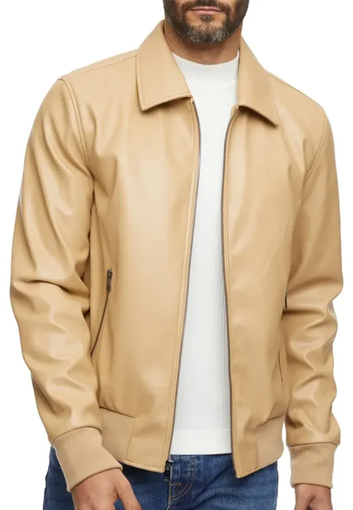 mens-smooth-camel-faux-leather-bomber-jacket