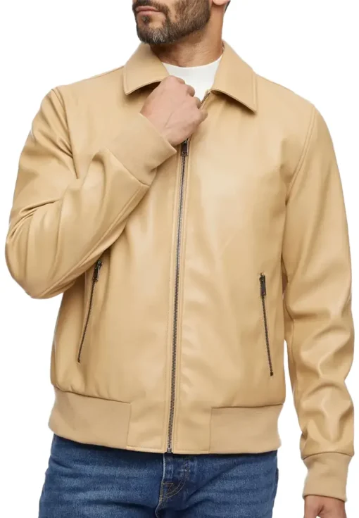 mens-smooth-camel-faux-leather-bomber-jacket