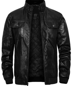 mens-stand-collar-black-faux-leather-slim-fit-bomber-jacket