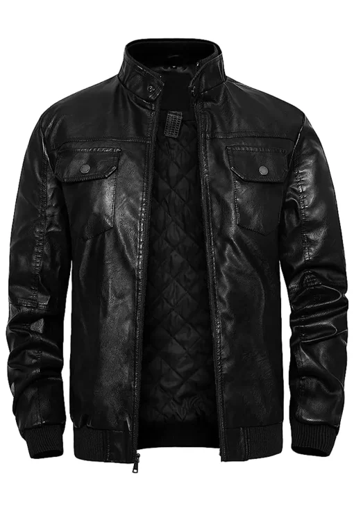 mens-stand-collar-black-faux-leather-slim-fit-bomber-jacket