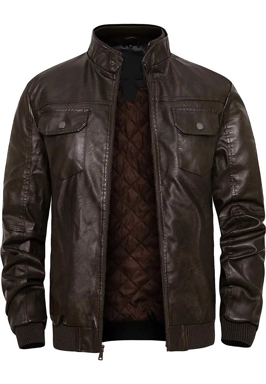 mens-stand-collar-brown-faux-leather-slim-fit-bomber-jacket-1 mens-stand-collar-brown-faux-leather-slim-fit-bomber-jacket