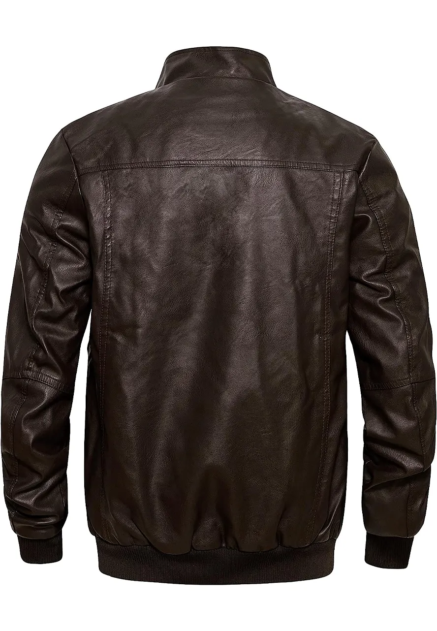 mens-stand-collar-brown-faux-leather-slim-fit-bomber-jacket-2 mens-stand-collar-brown-faux-leather-slim-fit-bomber-jacket