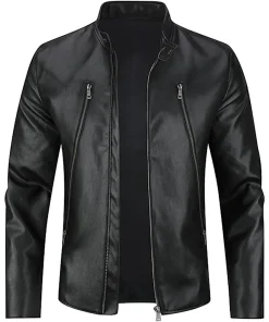 mens-stand-collar-casual-black-faux-leather-jacket