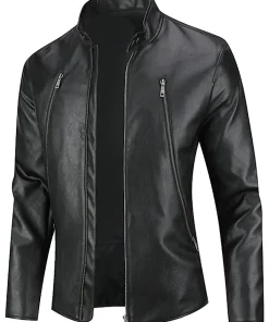 mens-stand-collar-casual-black-faux-leather-jacket