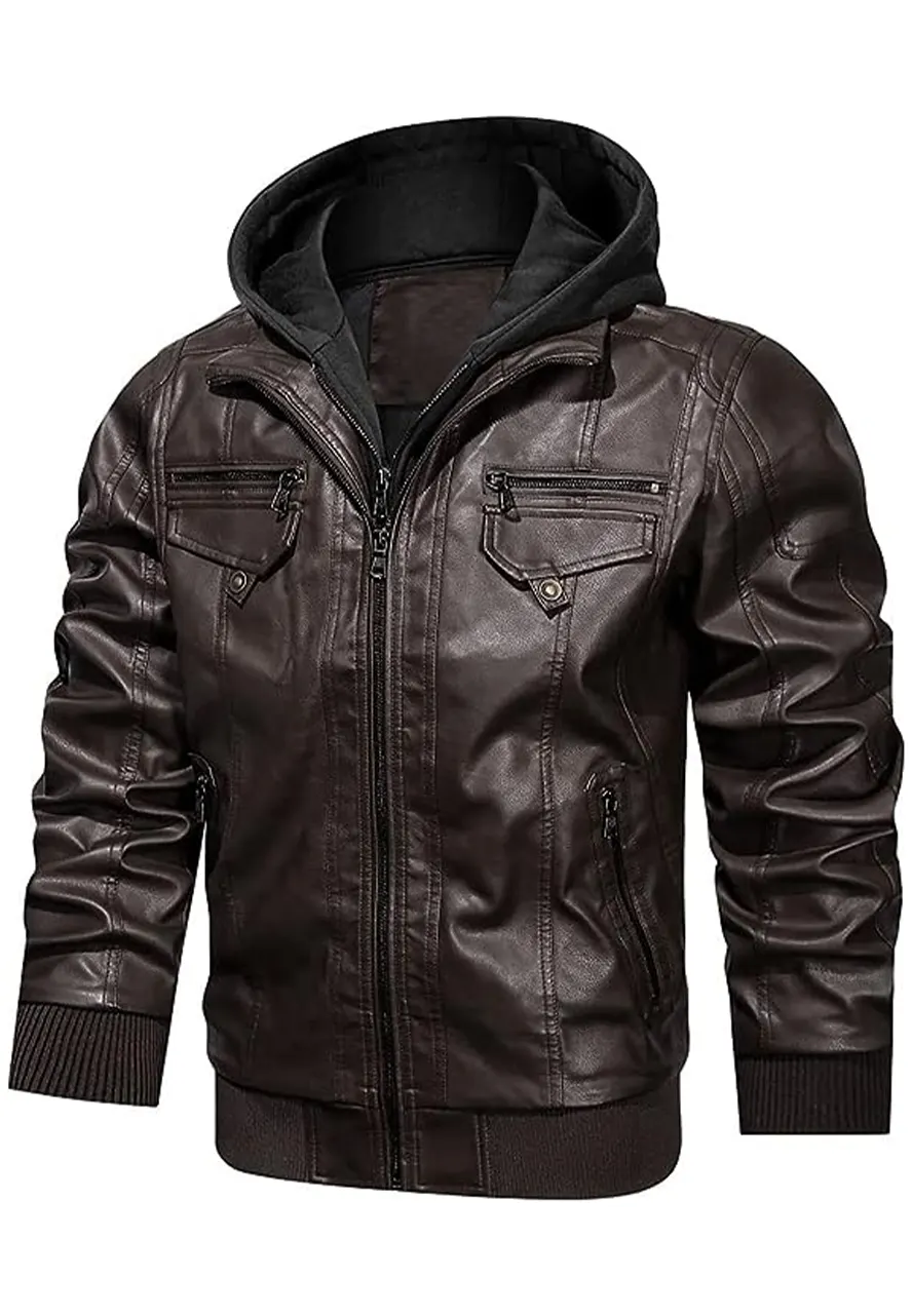 mens-vintage-coffee-faux-leather-bomber-jacket-with-removable-hood-1 mens-vintage-coffee-faux-leather-bomber-jacket-with-removable-hood