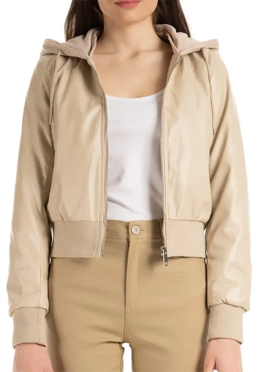 womens-beige-faux-leather-hooded-bomber-jacket