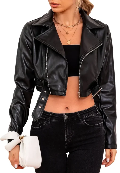 womens-black-faux-leather-bomber-buckle-belted-crop-jacket