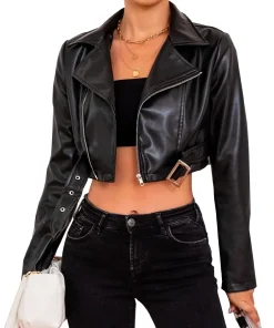 womens-black-faux-leather-bomber-buckle-belted-crop-jacket