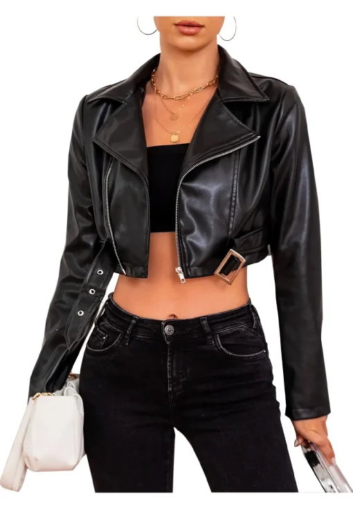 womens-black-faux-leather-bomber-buckle-belted-crop-jacket