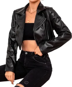 womens-black-faux-leather-bomber-buckle-belted-crop-jacket