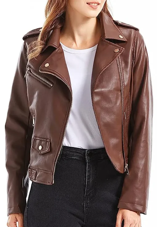 womens-brown-faux-leather-snap-down-lapel-jacket