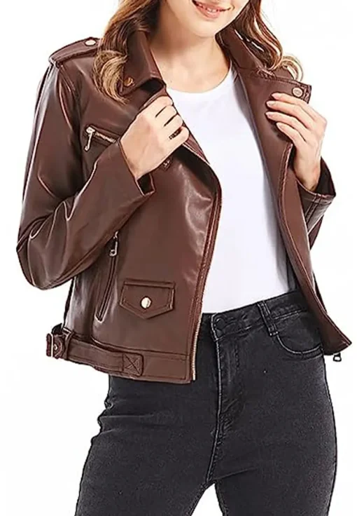 womens-brown-faux-leather-snap-down-lapel-jacket