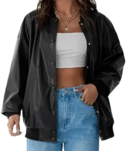 womens-button-front-black-faux-leather-bomber-jacket