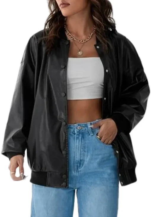 womens-button-front-black-faux-leather-bomber-jacket