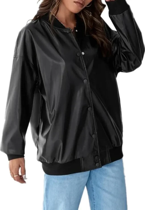 womens-button-front-black-faux-leather-bomber-jacket