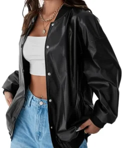 womens-button-front-black-faux-leather-bomber-jacket