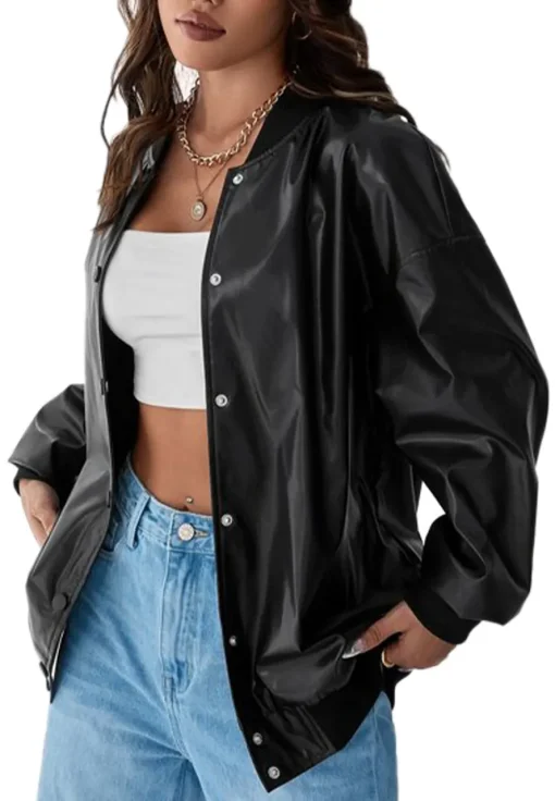 womens-button-front-black-faux-leather-bomber-jacket