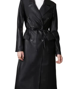 womens-double-breasted-black-faux-leather-trench-coat