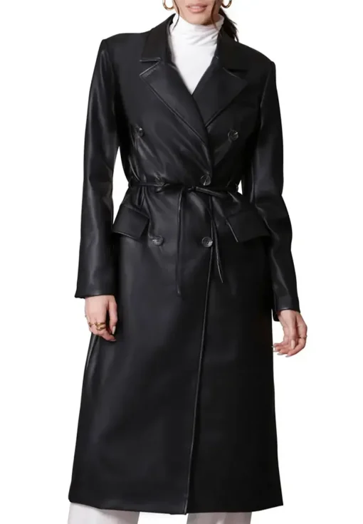 womens-double-breasted-black-faux-leather-trench-coat