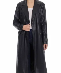 womens-double-breasted-black-faux-leather-trench-coat