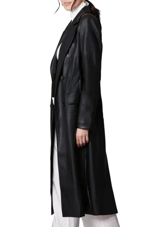 womens-double-breasted-black-faux-leather-trench-coat