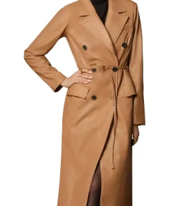 womens-double-breasted-brown-faux-leather-trench-coat